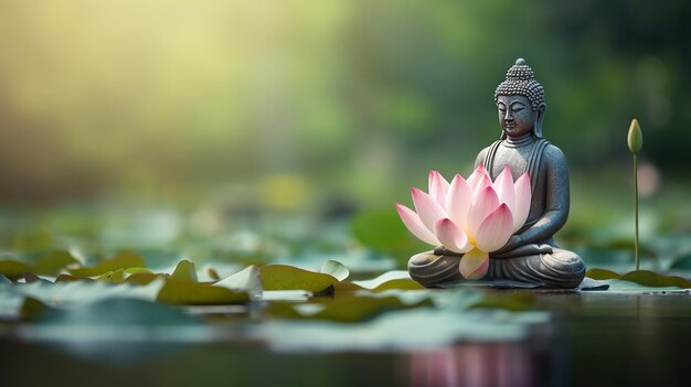 Statue de Bouddha méditative entourée de lotus en fleurs dans les eaux calmes de l'étang