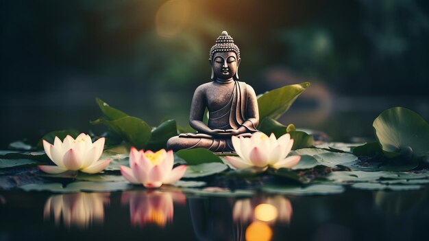 Statue de Bouddha méditative entourée de lotus en fleurs dans les eaux calmes de l'étang