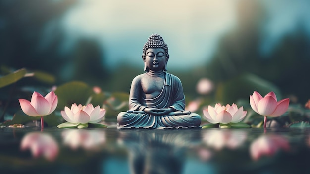 Statue de Bouddha méditative entourée de lotus en fleurs dans les eaux calmes de l'étang