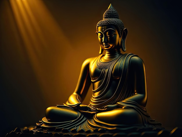 La statue de Bouddha médite avec une aura dorée.