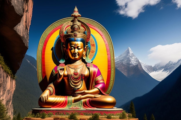 Une statue de bouddha avec des montagnes en arrière-plan