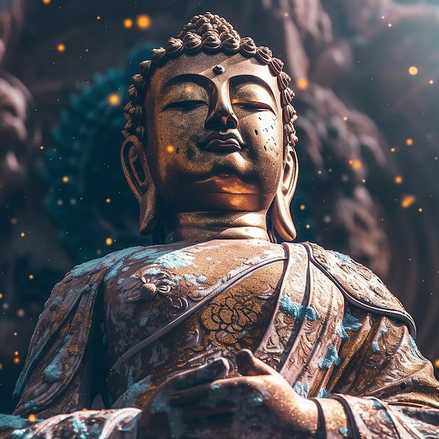 Une statue de bouddha avec les mots bouddha sur le devant