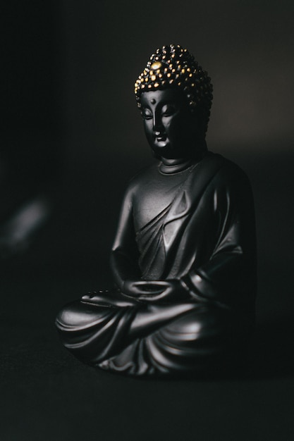 Une statue de bouddha noire avec des perles dorées sur les côtés.