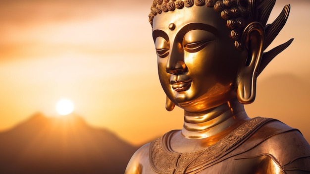 Une statue de Bouddha en or avec le coucher de soleil derrière elle