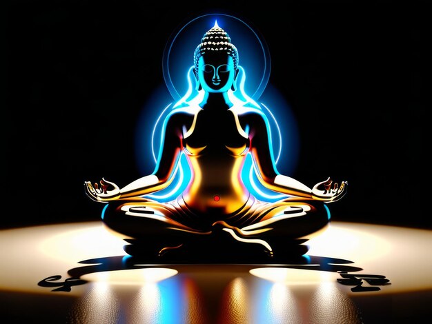une statue de Bouddha en position de lotus avec le mot méditer sur le fond