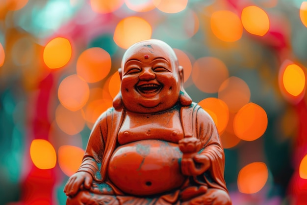 Photo statue de bouddha riant avec des lumières abstraites et lumineuses