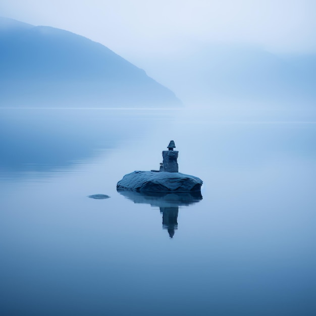 une statue de Bouddha sur un rocher au milieu d'un lac.