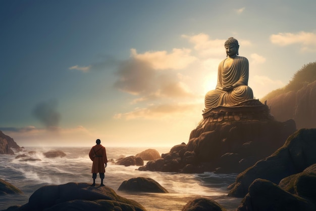 Statue de Bouddha sur le rocher de la mer Générer Ai