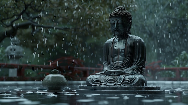 Statue de Bouddha sous la pluie