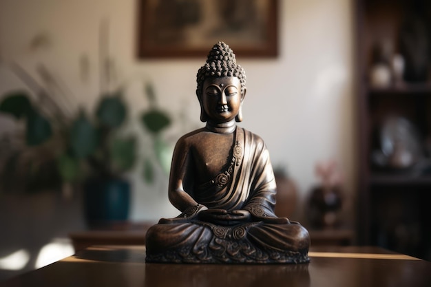 Statue de Bouddha sur surface en bois dans le salon créée à l'aide de la technologie de l'IA générative