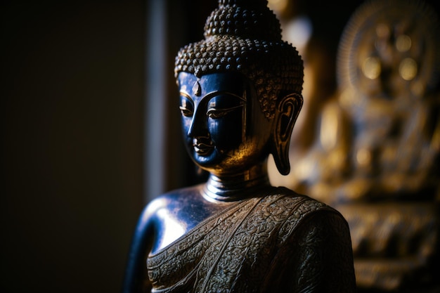 Une statue de bouddha thaïlandais est assise et médite au temple bouddhiste