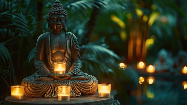 Photo statue de bouddha tranquille entourée de bougies sur un fond naturel serein