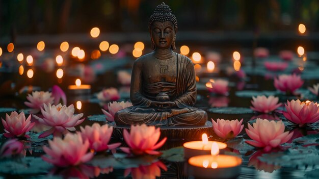 Statue de Bouddha tranquille méditant au milieu d'un étang de fleurs de lotus flottantes et de bougies générées par l'IA