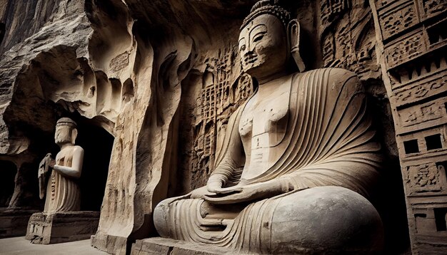 Une statue de bouddha trône devant une grotte.