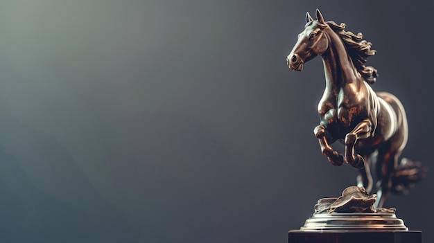 Statue en bronze d'un cheval en pose dynamique sur un fond sombre