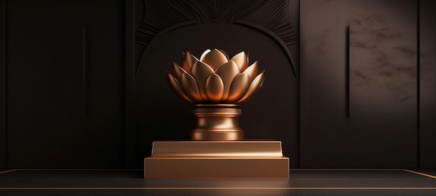 Une statue en bronze d'une fleur de lotus est posée sur une table.