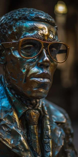 Une statue en bronze d'un homme portant des lunettes et un chapeau.