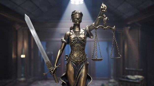 Statue en bronze de la justice avec l'épée et la balance