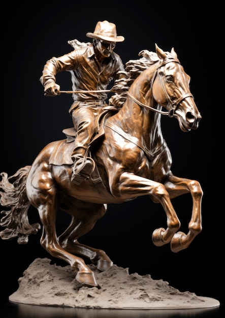 statue en bronze spectaculaire d'un cow-boy à cheval avec un fond sombre