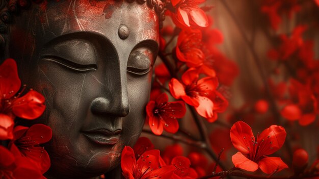 Photo une statue captivante de bouddha émerge parmi une tapisserie vibrante de fleurs rouges exhalant une aura de prof.