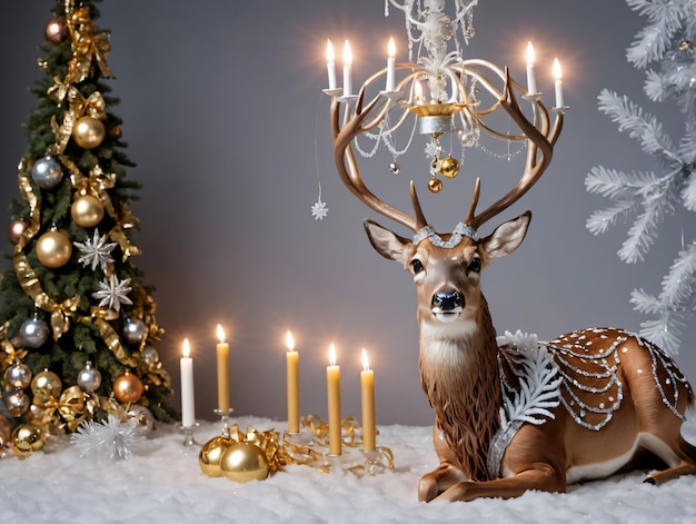 Une statue de cerf avec un arbre de Noël en arrière-plan