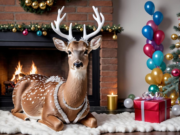 Une statue de cerf assise sur un tapis à côté d'un arbre de Noël