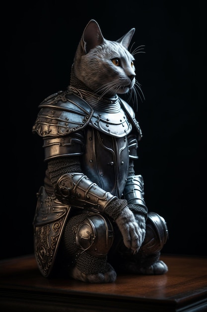 Une statue d'un chat portant une armure