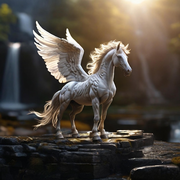 une statue d'un cheval avec des ailes qui est sur un rocher