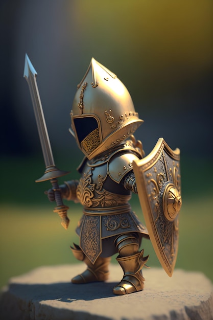Une statue d'un chevalier avec une épée et un bouclier.
