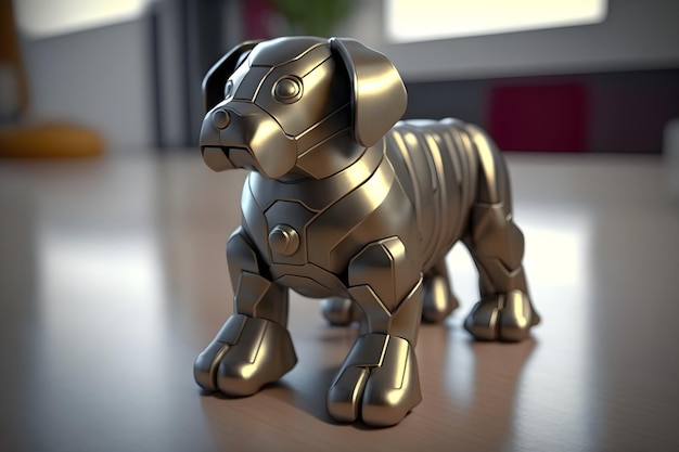 Une statue de chien en argent avec le mot chien dessus