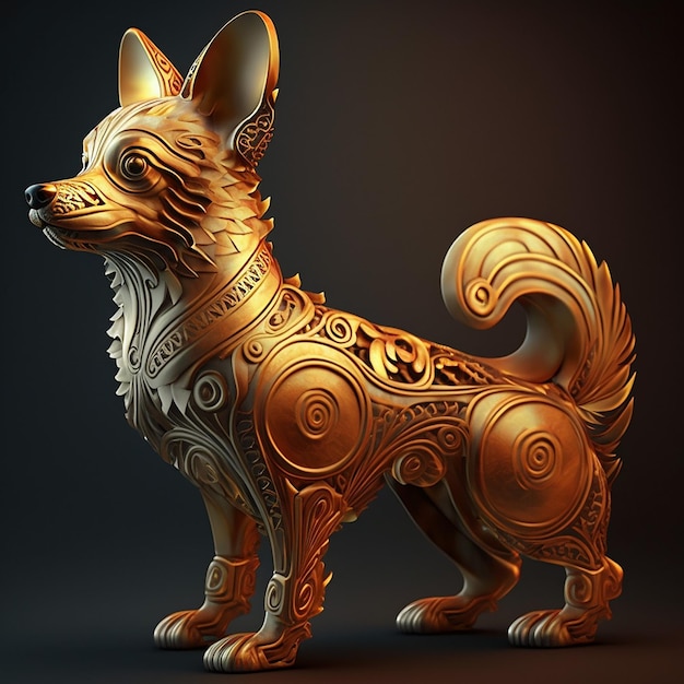 Une statue de chien doré avec un motif décoratif dessus.