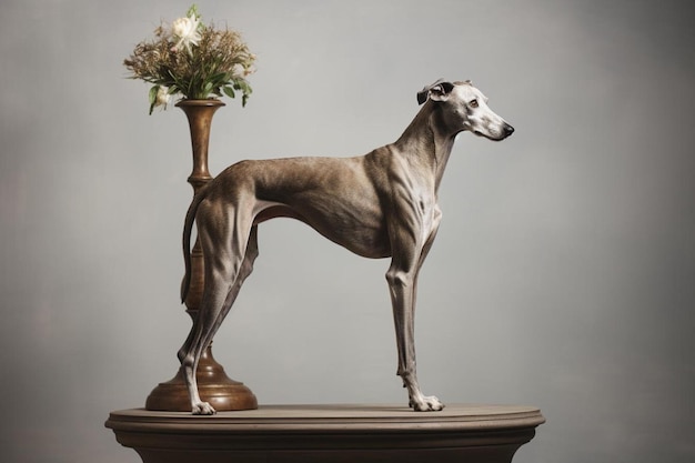 Une statue d'un chien avec des fleurs dedans