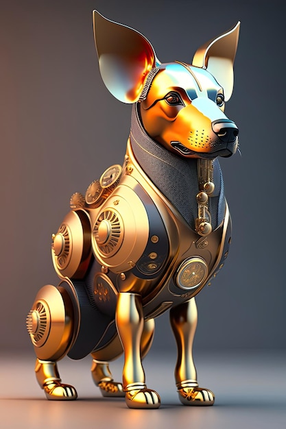 une statue de chien en métal avec un corps en or et en argent et une ceinture noire.
