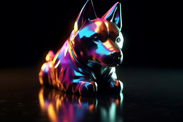 Une statue de chien avec un pelage de couleur arc-en-ciel est assise sur une surface noire.