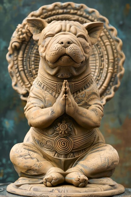 Photo statue de chien serein en posture de méditation avec figurine de yoga spirituel traditionnel du cercle zen sur rustique