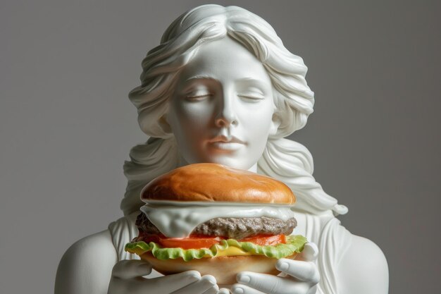 Photo statue classique tenant un juteux cheeseburger sur un fond de couleur douce