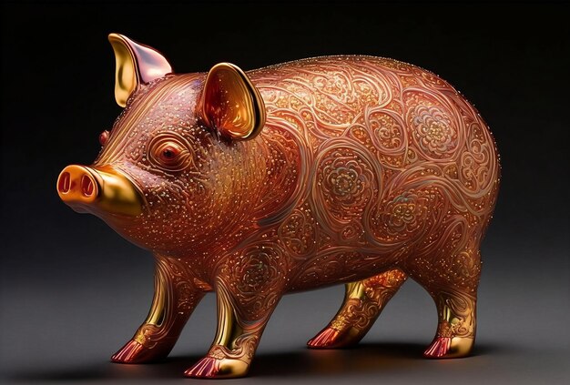 Statue de cochon d'or avec des ornements dessus sur fond sombre