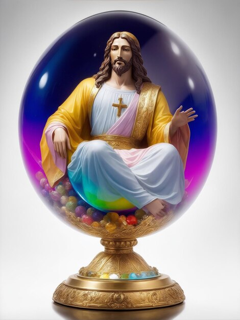 Une statue colorée de Dieu Jésus-Christ assise dans une boule de verre générée par l'IA