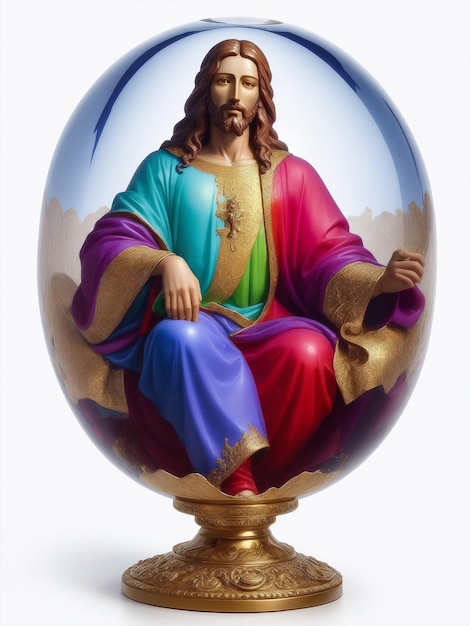 Une statue colorée de Dieu Jésus-Christ assise dans une boule de verre générée par l'IA