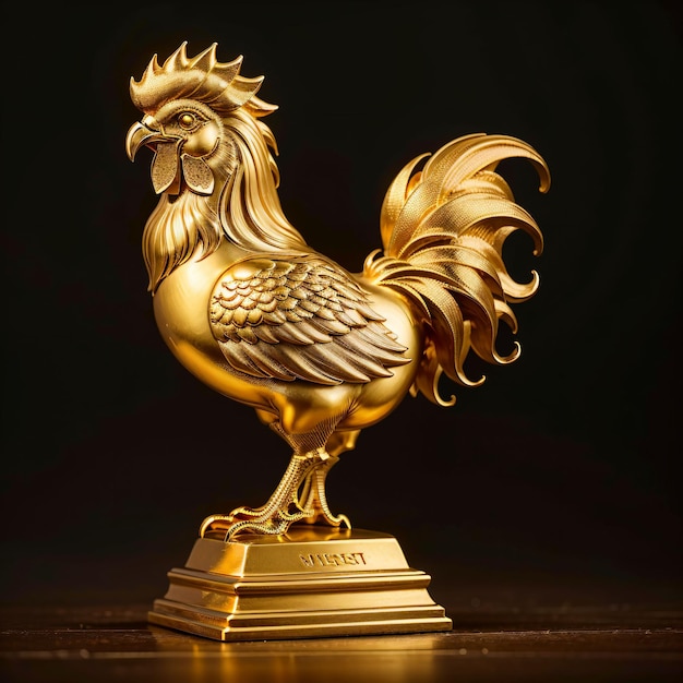 Une statue de coq doré avec une base dorée et un fond noir.