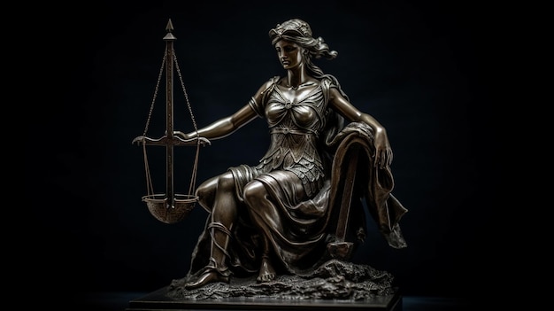 Une statue d'une dame justice avec un fond noir