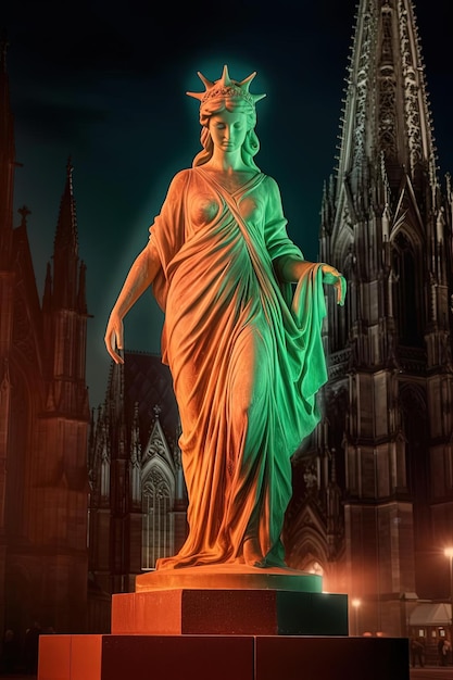 Photo statue d'une dame tenant un bâton près d'une cathédrale la nuit