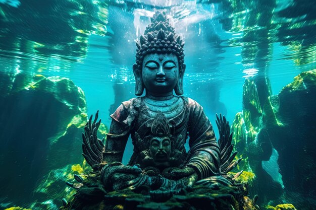 une statue dans un aquarium avec les mots bouddha sur le fond