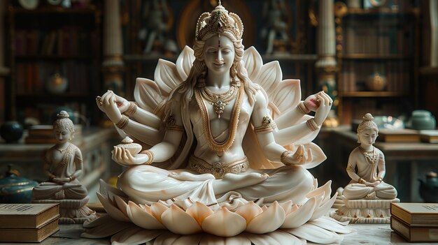 Une statue de la déesse assise sur un lotus