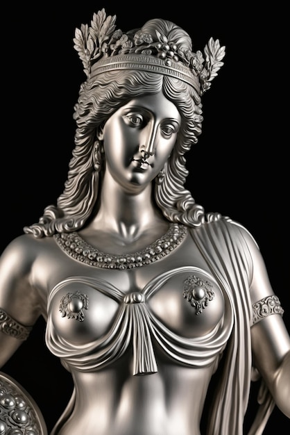 Statue de la déesse grecque sur fond noir sculpture muse avec image générée par l'IA de la couronne