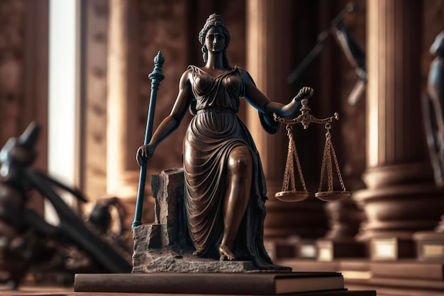 Une statue de la déesse grecque de la justice Thémis se balance sur la table avec un palais de justice vide en gros plan en arrière-plan