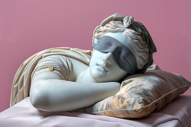 Statue d'une déesse grecque avec un masque de sommeil sur les yeux Concept de la Journée mondiale du sommeil Reposez-vous et détendez-vous en rêvant éveillé sommeil sain concept de jour de congé paresseux Portez un mask de sommeil bandage de sommeil