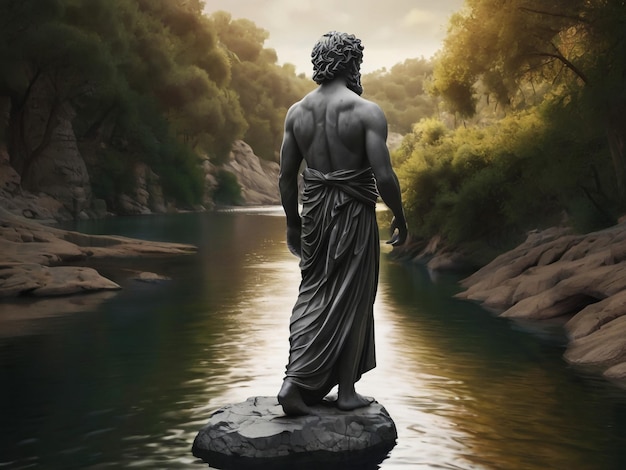 Photo une statue d'un dieu debout sur un rocher dans l'eau