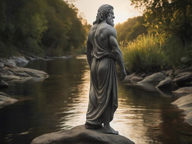 une statue d'un dieu est assise sur un rocher devant une rivière