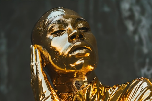 Statue dorée d'une femme sur un fond sombre en gros plan